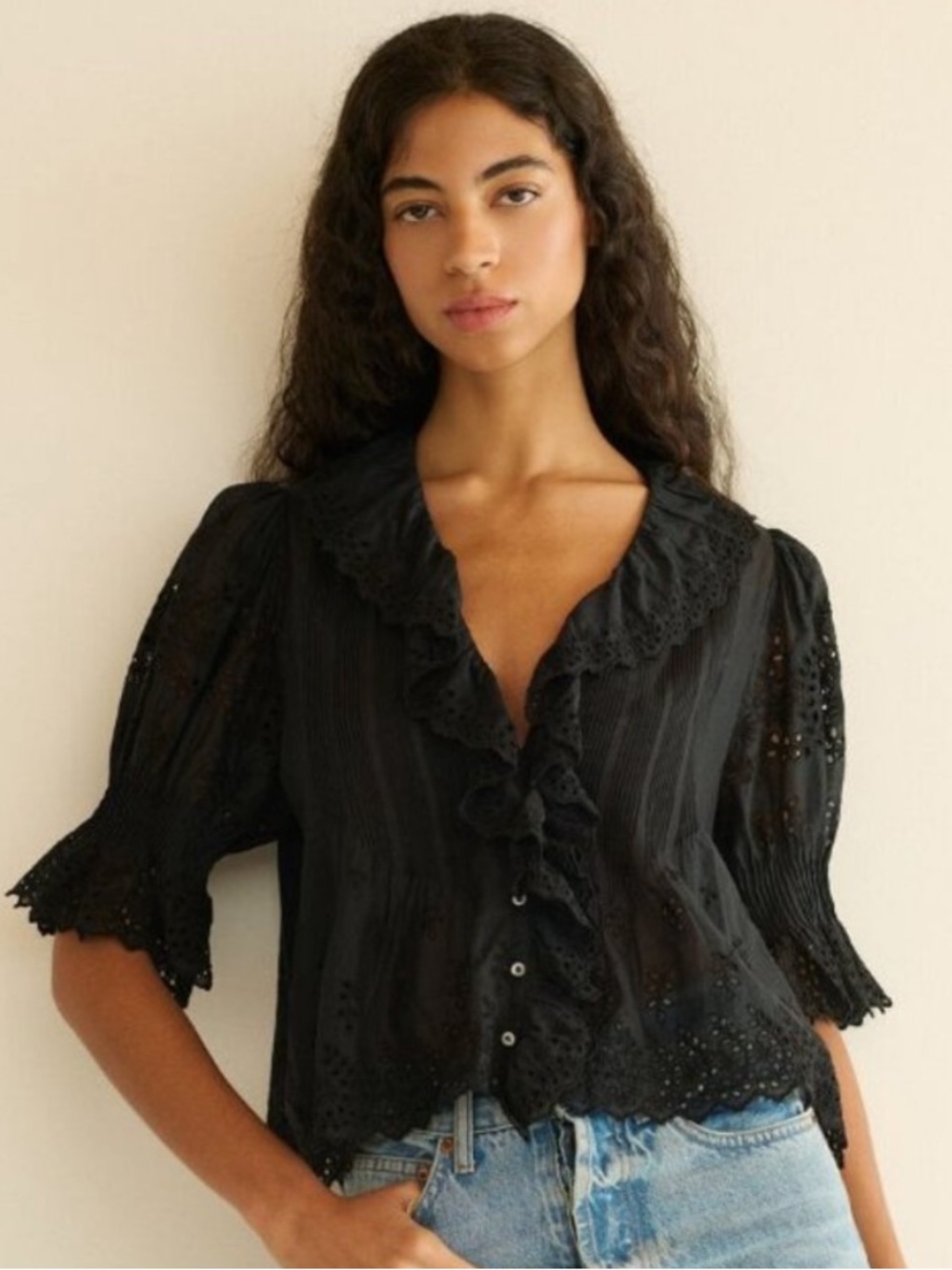 Doen Black Eyelet Ruffle Button-Front Top
